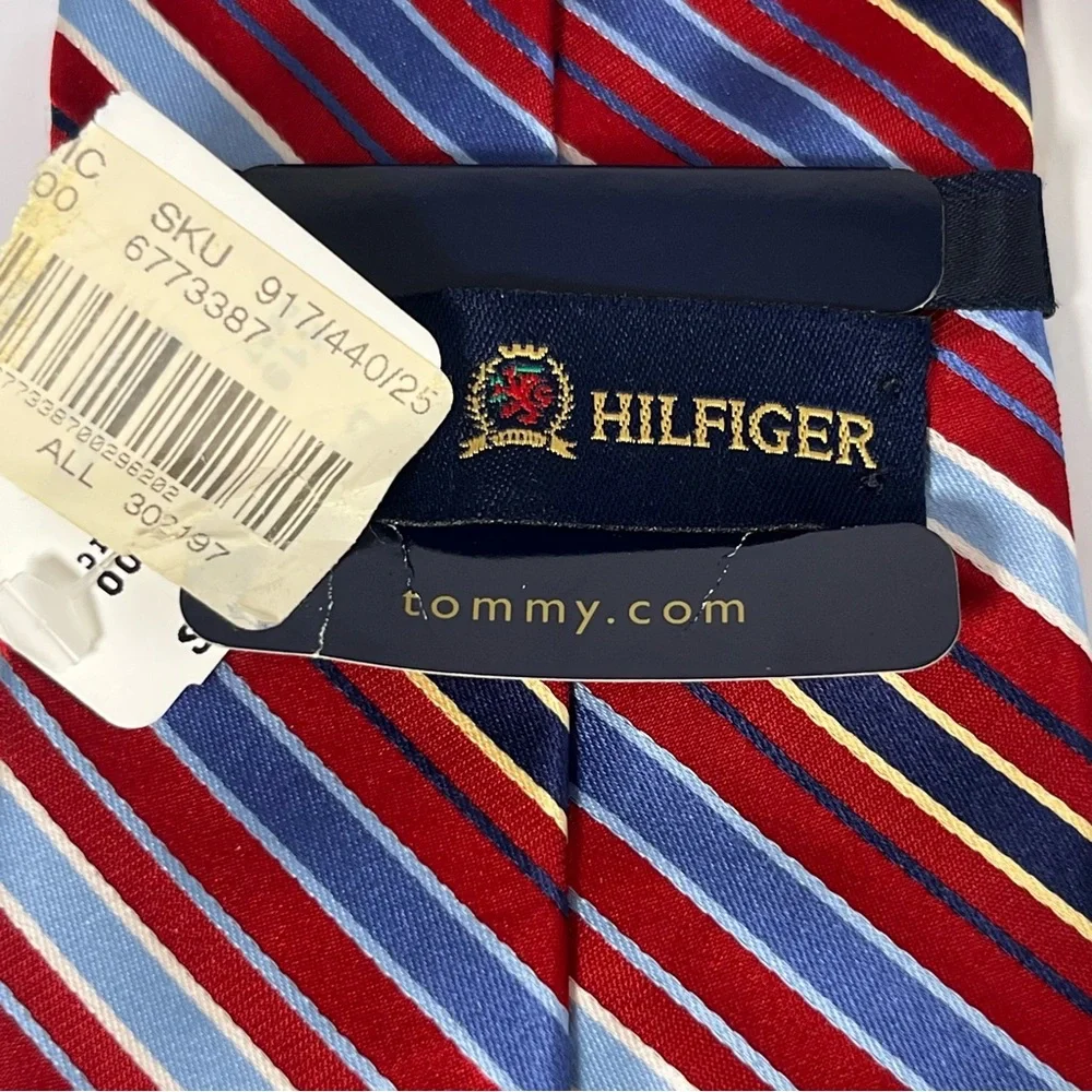 Tommy Hilfiger Men’s Silk Tie Red, Navy, Light Blue, Silver Stripe & Houndstooth